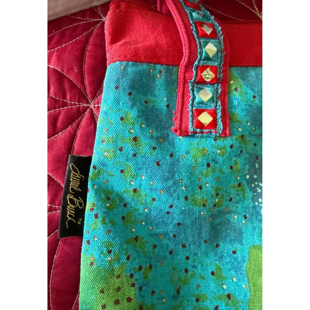 Laurel Burch Cat in Teacup Canvas Tote Bag Turquoise Red Mirror Straps Folk Art